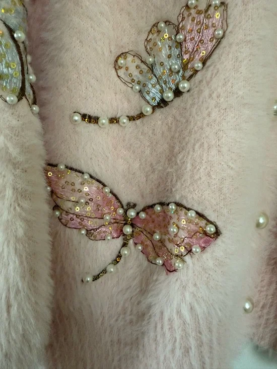 Hand Embroidered Sequin Pink Embellished Butterfly Fuzzy Cardigan Sweater NWOT - Picture 3 of 16